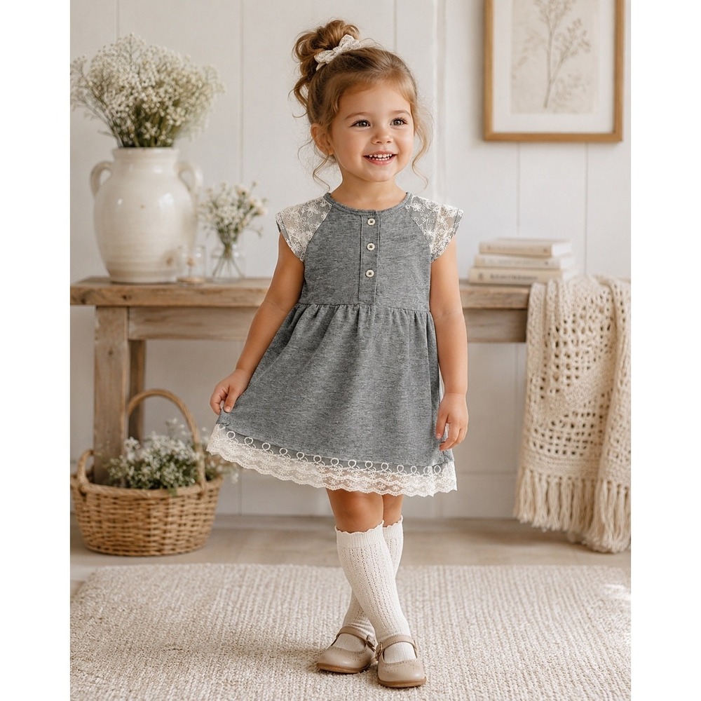 Carters Dress Girls 4T Gray Excellent Lace Sleeve Empire Waist Knit Raglan